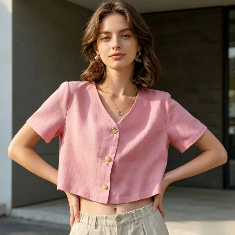 

Sweet Y2K Loose Fit Solid Color V-neck Short Sleeved Shirt 2026 Summer Fashion Casual Women's Short Sleeved Shirt New