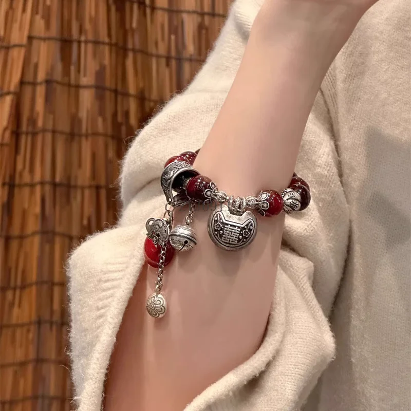 Pulseira de fivela de segurança de contas de ágata feminina retro luz luxo estilo nacional pulseira temperamento