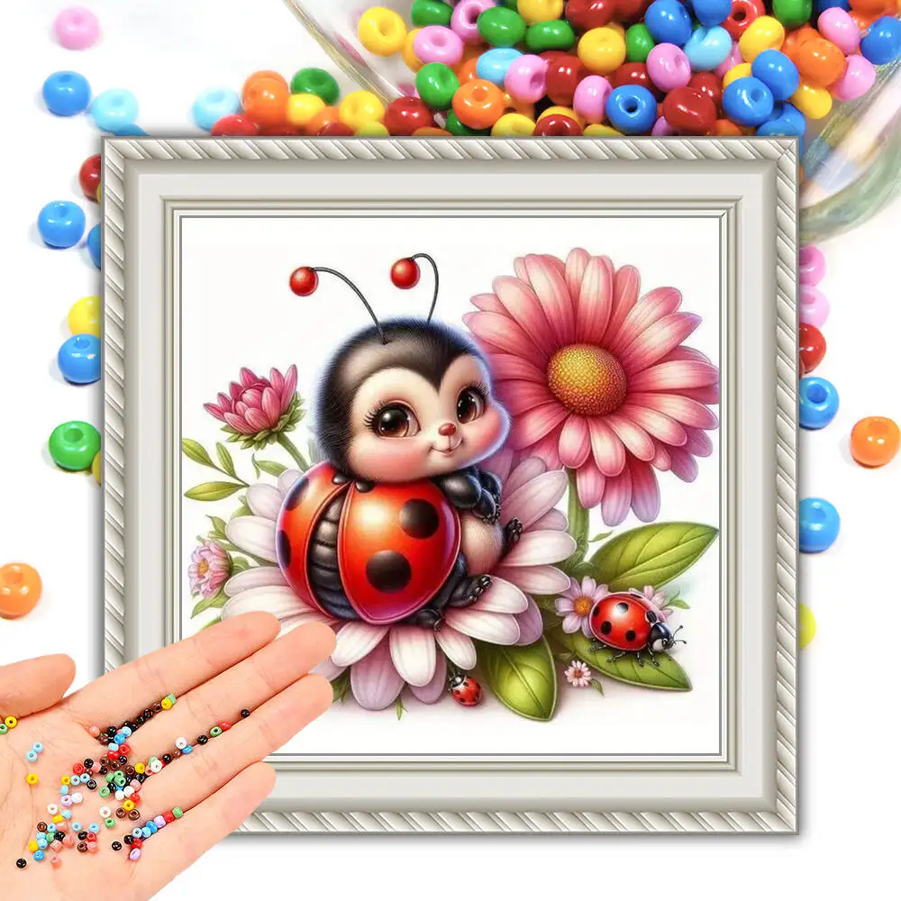 Diy 11ct kit de ponto cruz frisado joaninha dos desenhos animados contas animais bordado conjuntos flor artes e artesanato presente decorações natal