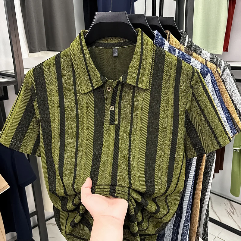 Herren Strukturierte Vertikal Gestreifte Kurzarm-Poloshirts Lässige Business-Oberteile Atmungsaktiv Knitterfrei Sommerkleidung – Detail 9