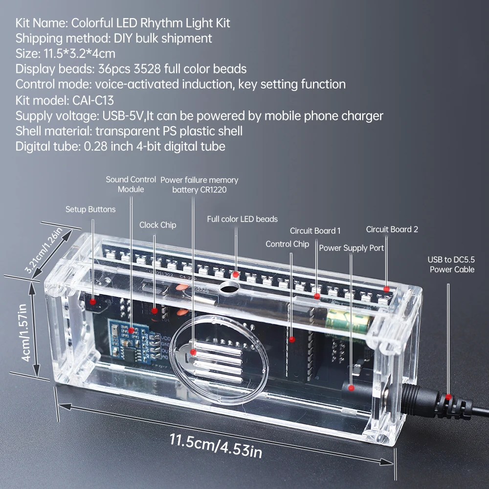 DIY Digital Clock Kit Colorful LED Voice Controlled Spectrum Rhythm Light Electronic DIY Welding Practice Parts DC 5V