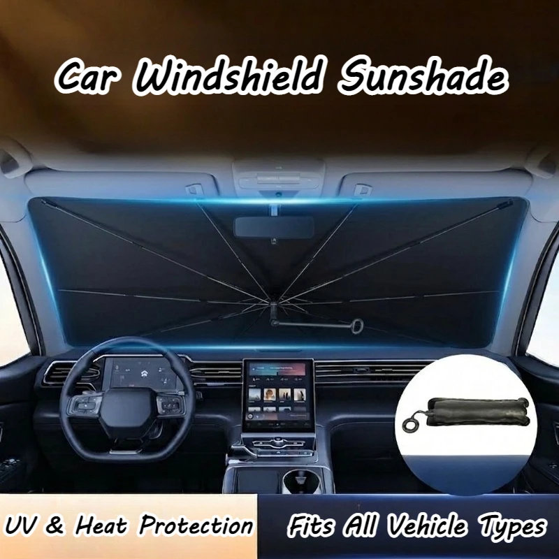 Car Windshield Sun Shade Umbrella Bendable Curved Handle Shaft Anti-UV Heat Shield Foldable Front Window Sun Visor Car Interior