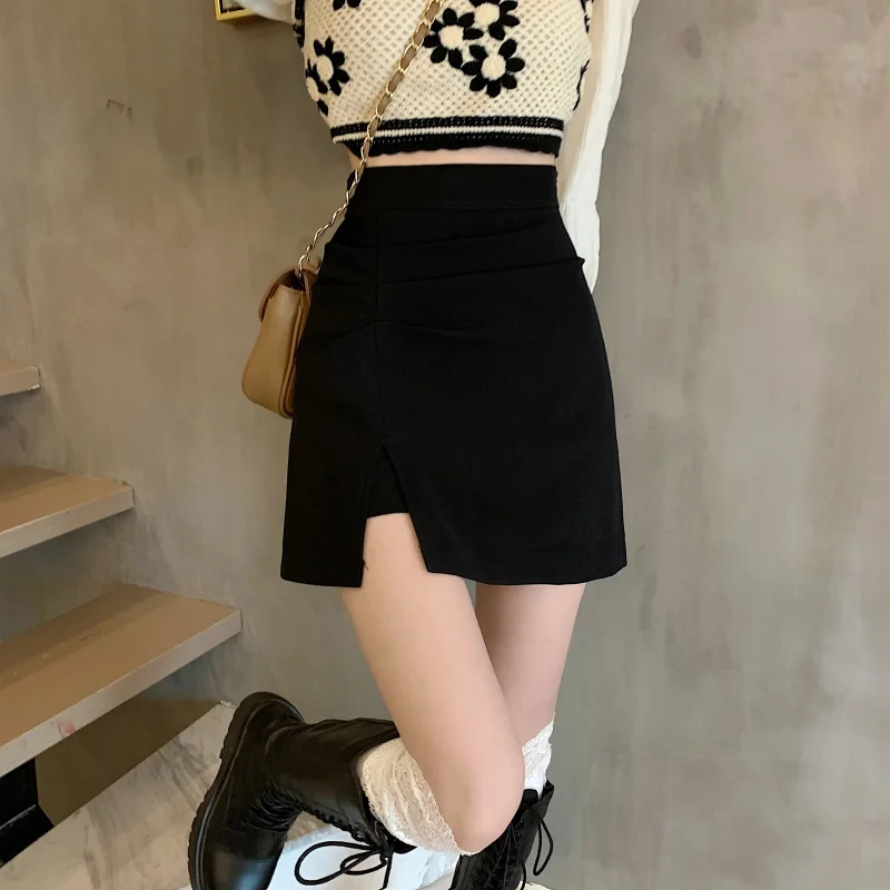 Skirts Women Trendy Solid Simple Folds Lovely Preppy Style Korean Version Dating Hipster Temperament Design Basic Teens New Ins