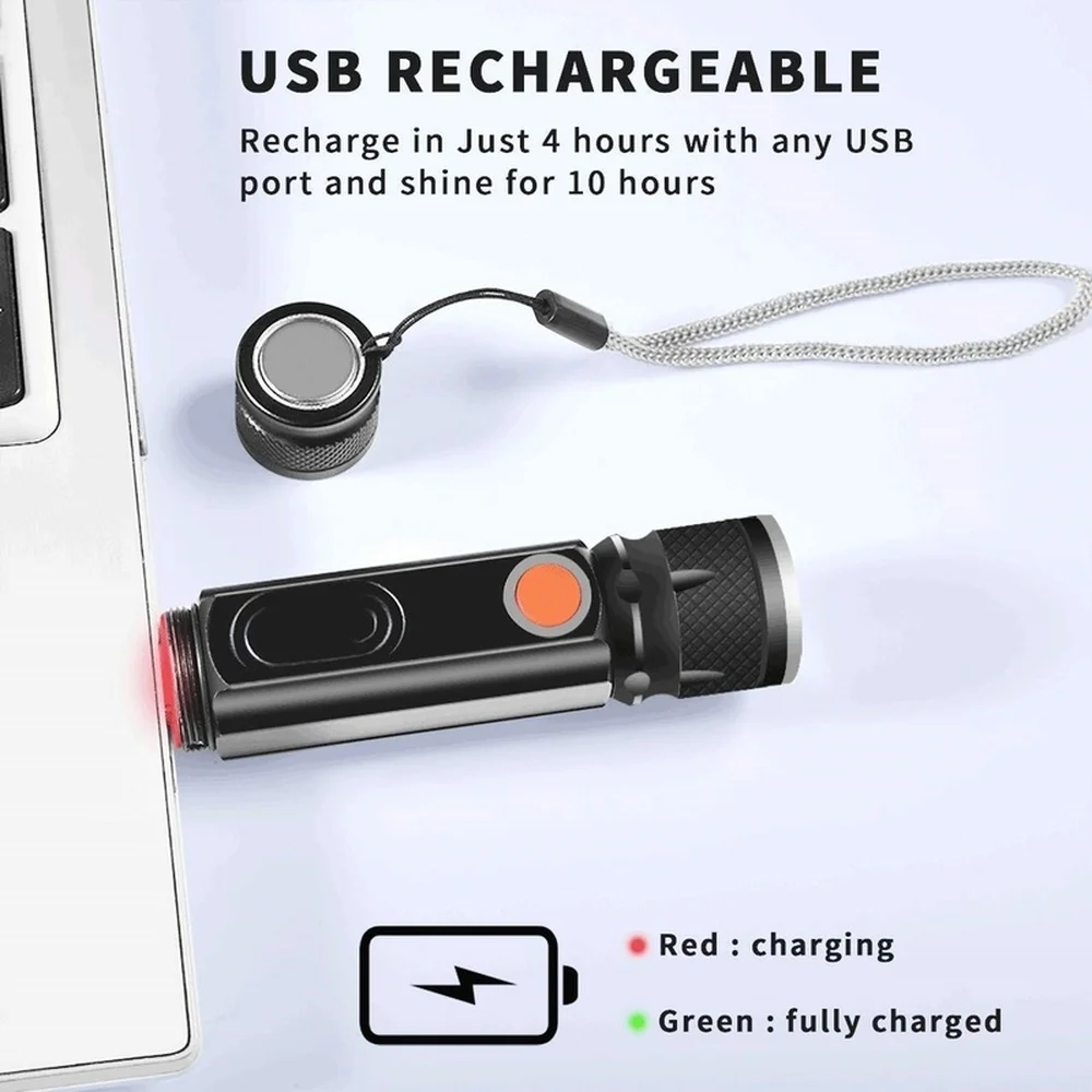 Built-in Battery LED Flashlight USB Rechargeable T6 COB Torch Zoom 5 Modes Flash Light Magnetic Attraction Waterproof Outdoor