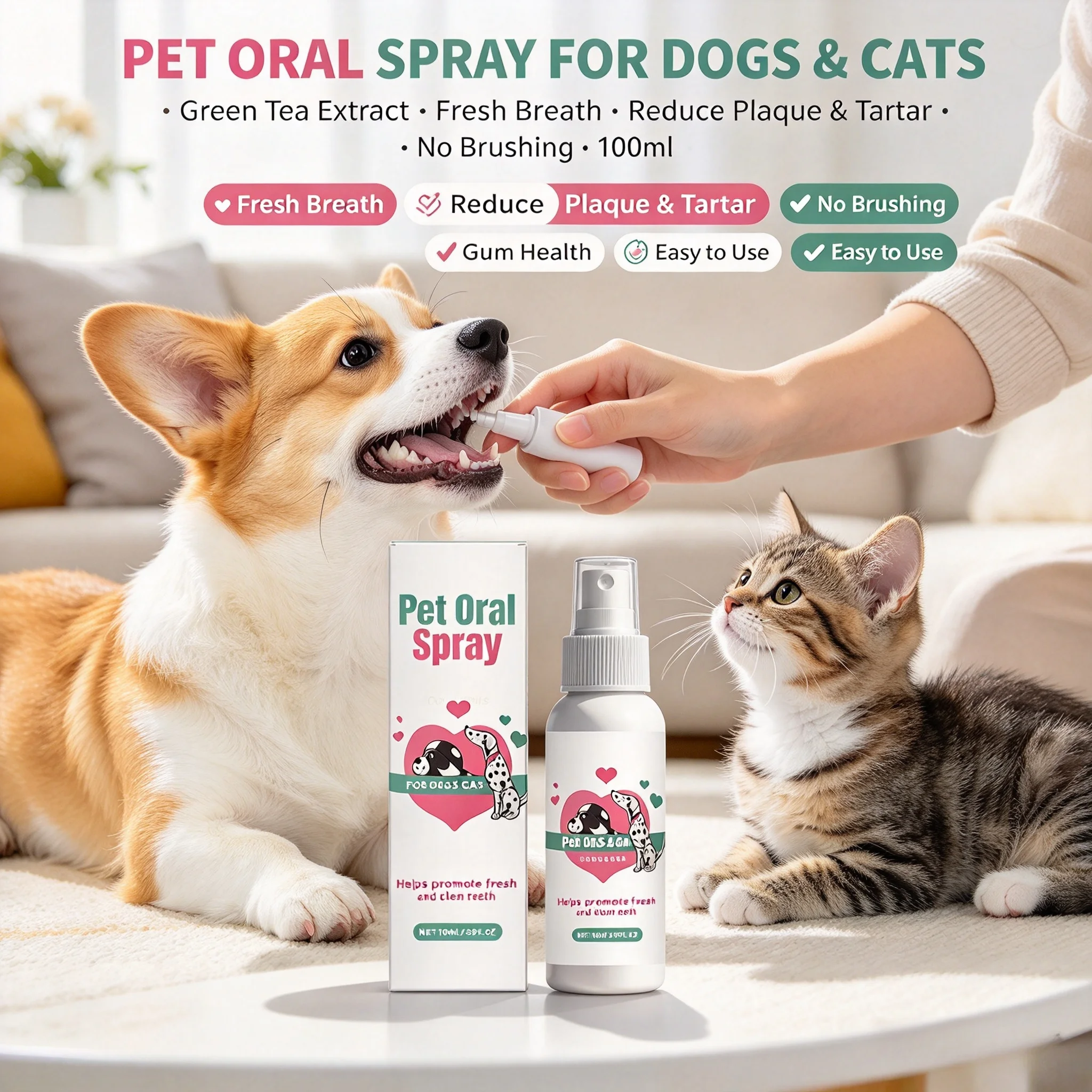 Pet Oral Spray Green Tea Extract Dental Care Spray Fresh Breath Deodorant No Brushing Easy Use Dogs Cats Oral Gum Health Cleaner