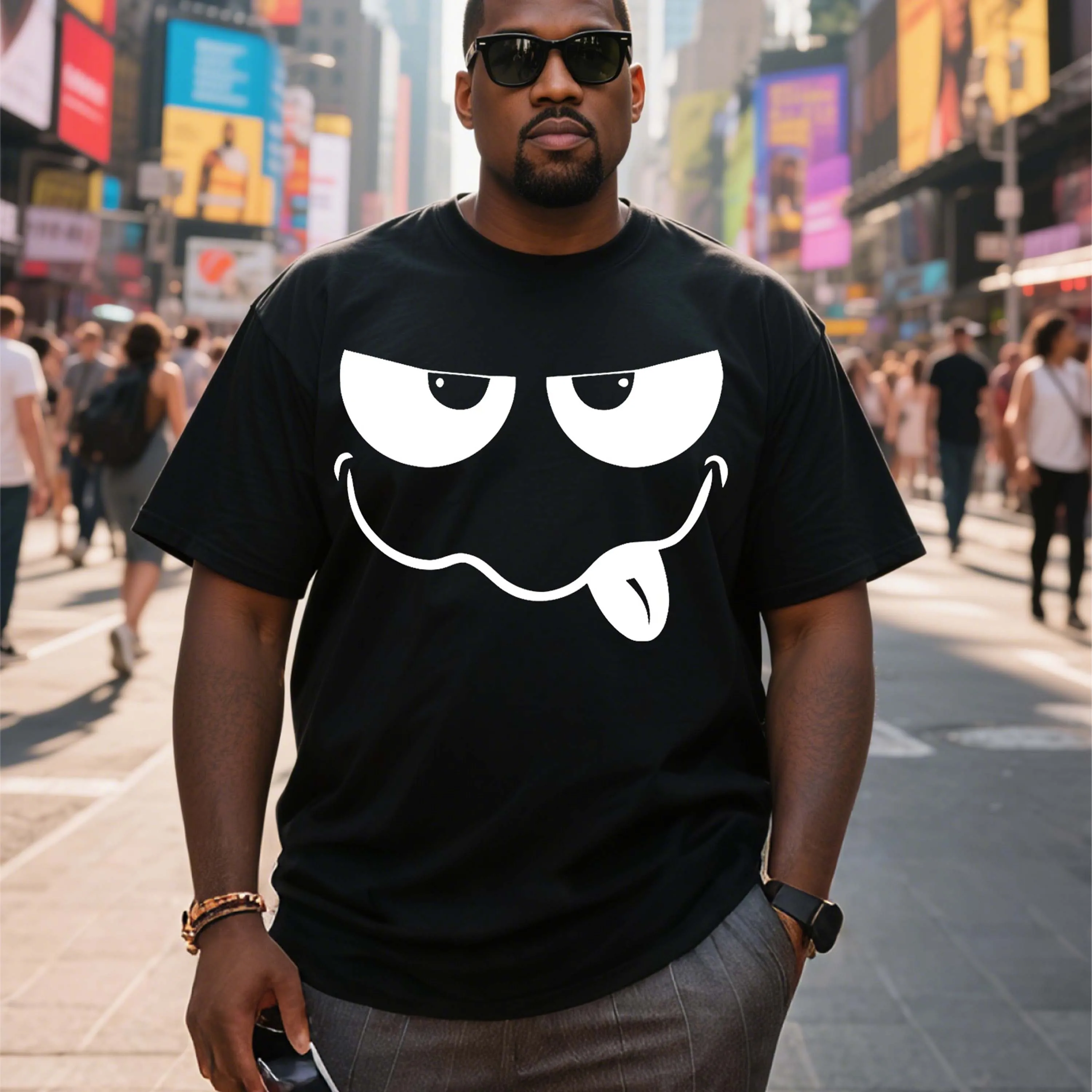 

Plus Size Short Sleeve T-Shirt with White Cartoon Pattern on Black Background Suitable for Outdoor Leisure Wear in Summer