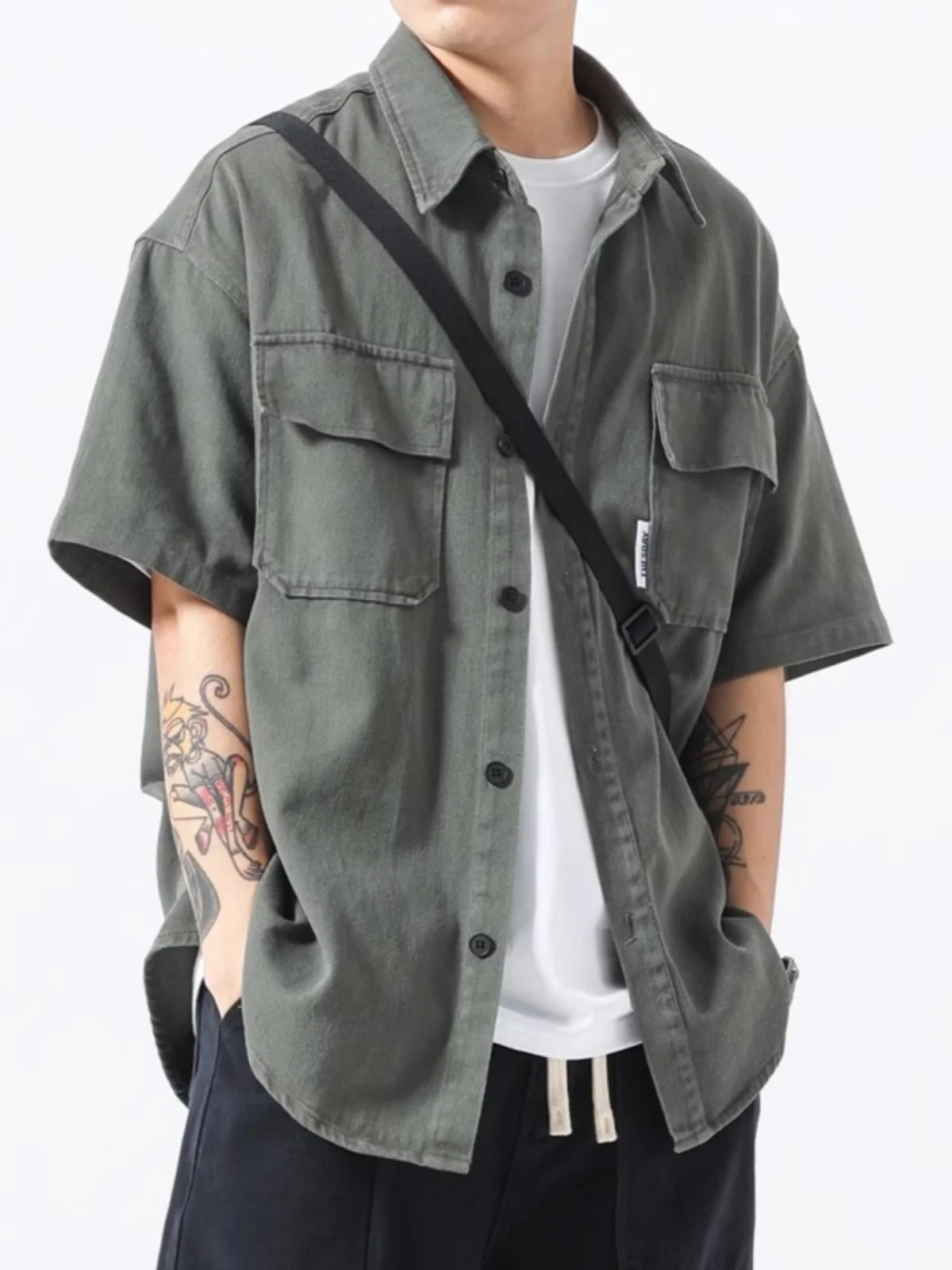 

Мужская свободная повседневная рубашка с коротким рукавом, летняя, винтажная, в рабочем стиле, больших размеров, 300 Pou, модная брендовая верхняя одежда, куртка