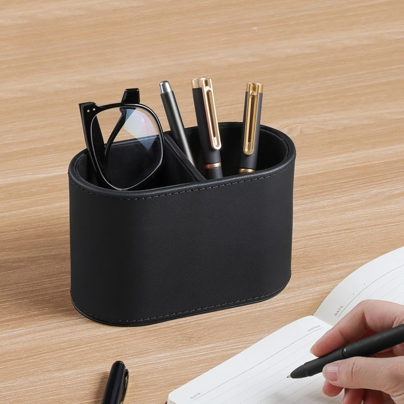 Oval Luxury Leather Pen Holder European Sundries Glasses Stationery Storage Tube Makeup Brush Cosmetic Organizer Box
