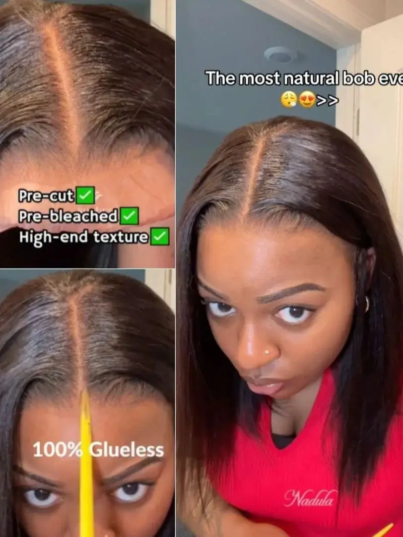 Nadula Hair-Perruque Bob Lace Closure Wig sans colle, cheveux Yaki lisses, 7x5, 13x4, pré-implantés, aspect naturel