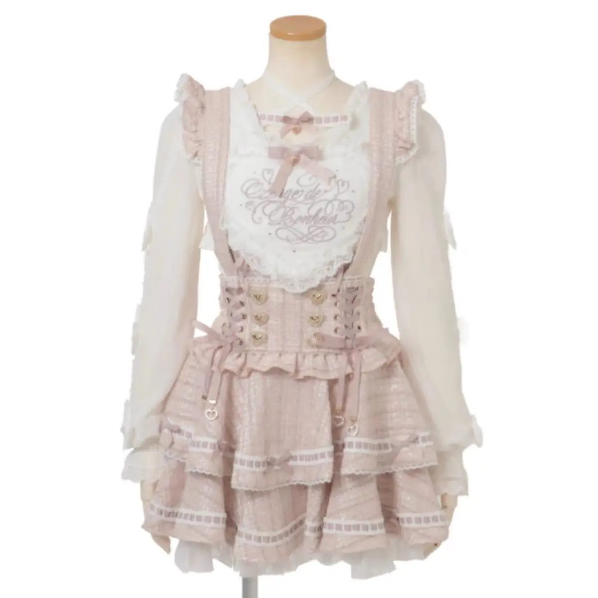 

Cute Kawaii Mass Produced Style Princess Sweet Japanese Lolita Plaid Lace Heart Embroidery Jumper Dress with Skirt 2 Piece Set