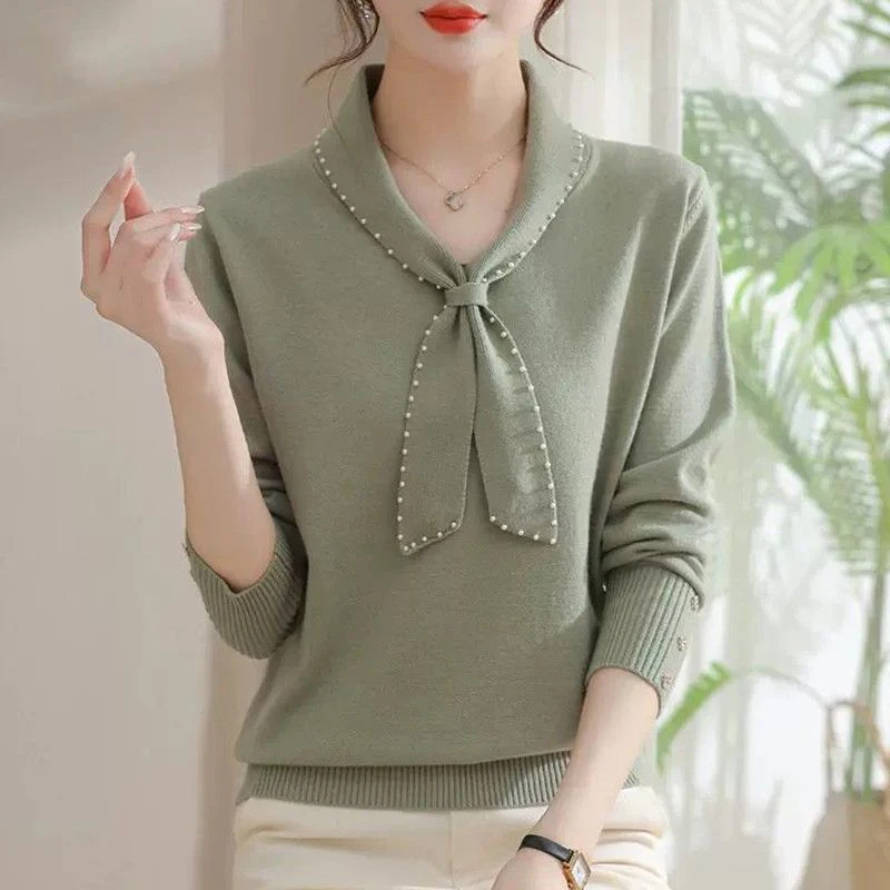 

Autumn Winter Loose Casual Beading Scarf Collar Knitting Top Women Long Sleeve All-match Pullover Sweater Ladies Fashion Jumpers