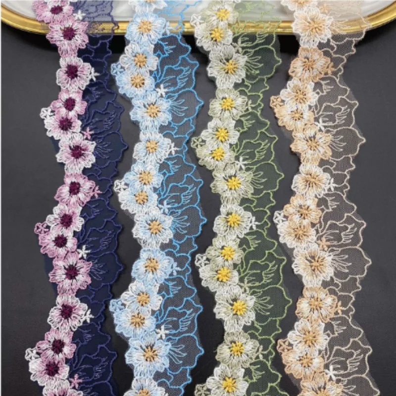 5.5cm Wide Luxury Cotton Embroidery Flower Lace Fabric Clothing DIY Decoration Ruffle Edge Inlaid Ribbon Collar Decoration 1Yard