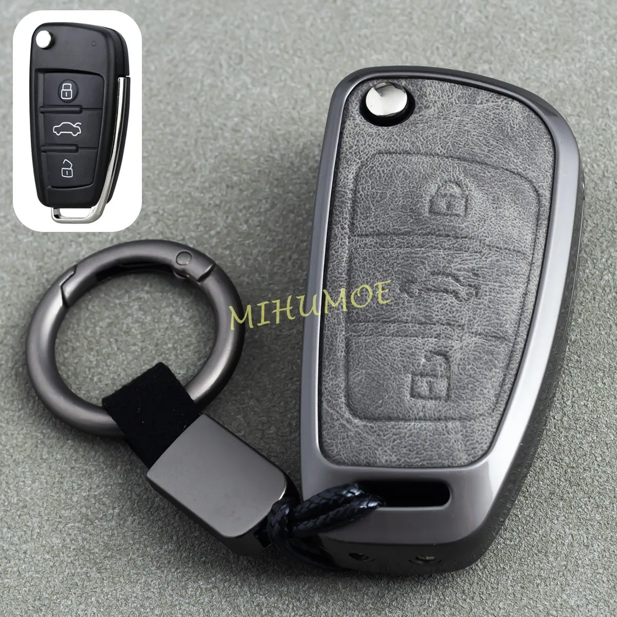 

Metal Leather Flip Car Key Fob Case Cover Keychain Ring For Audi A1 A3 Q3 Q7 TT TTS S3 3 Button Gray