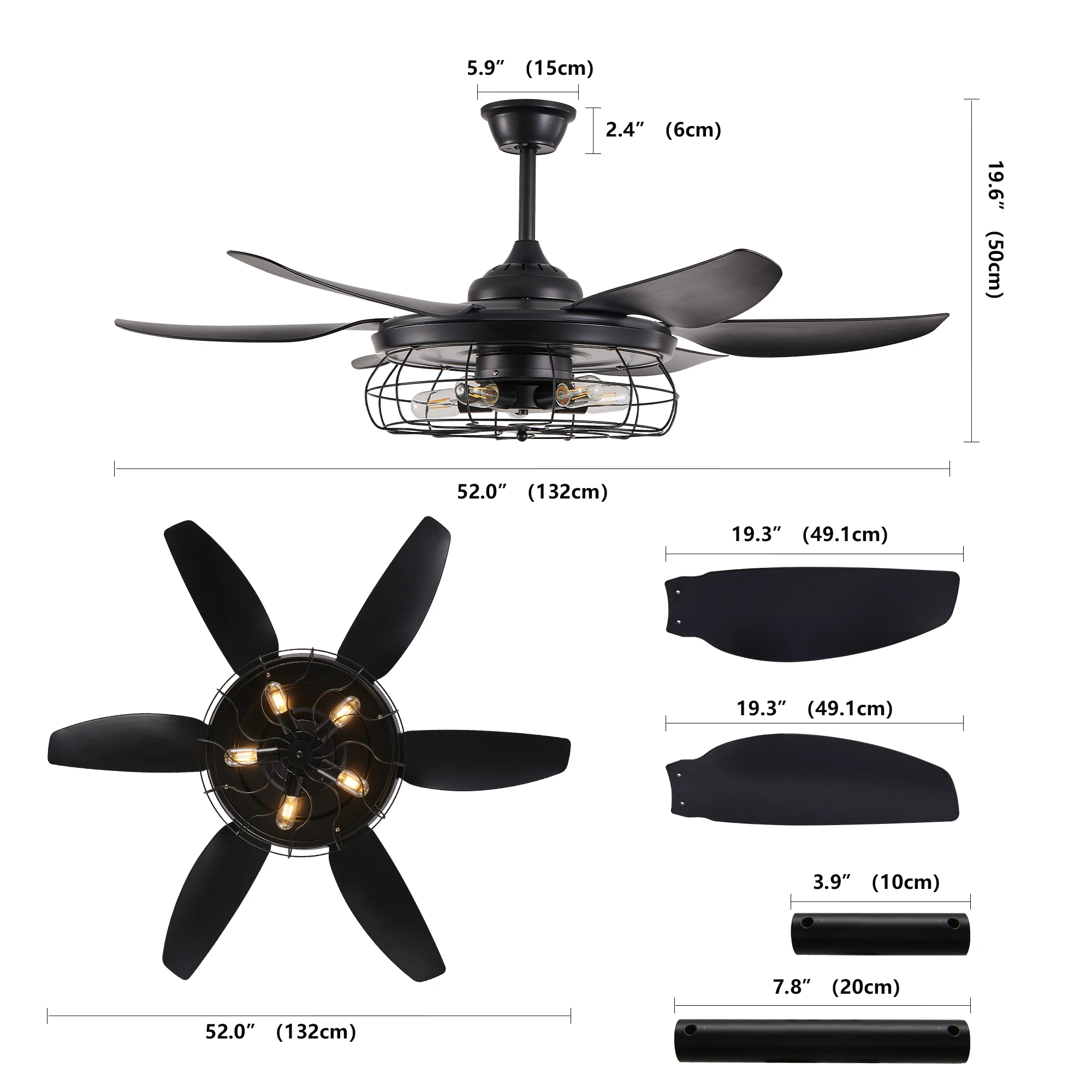 52" Modern Cage Design Black Ceiling Fan Light Remote Control 6 Fan Blades Adjustable Speed for Living Room Bedroom Dining Room