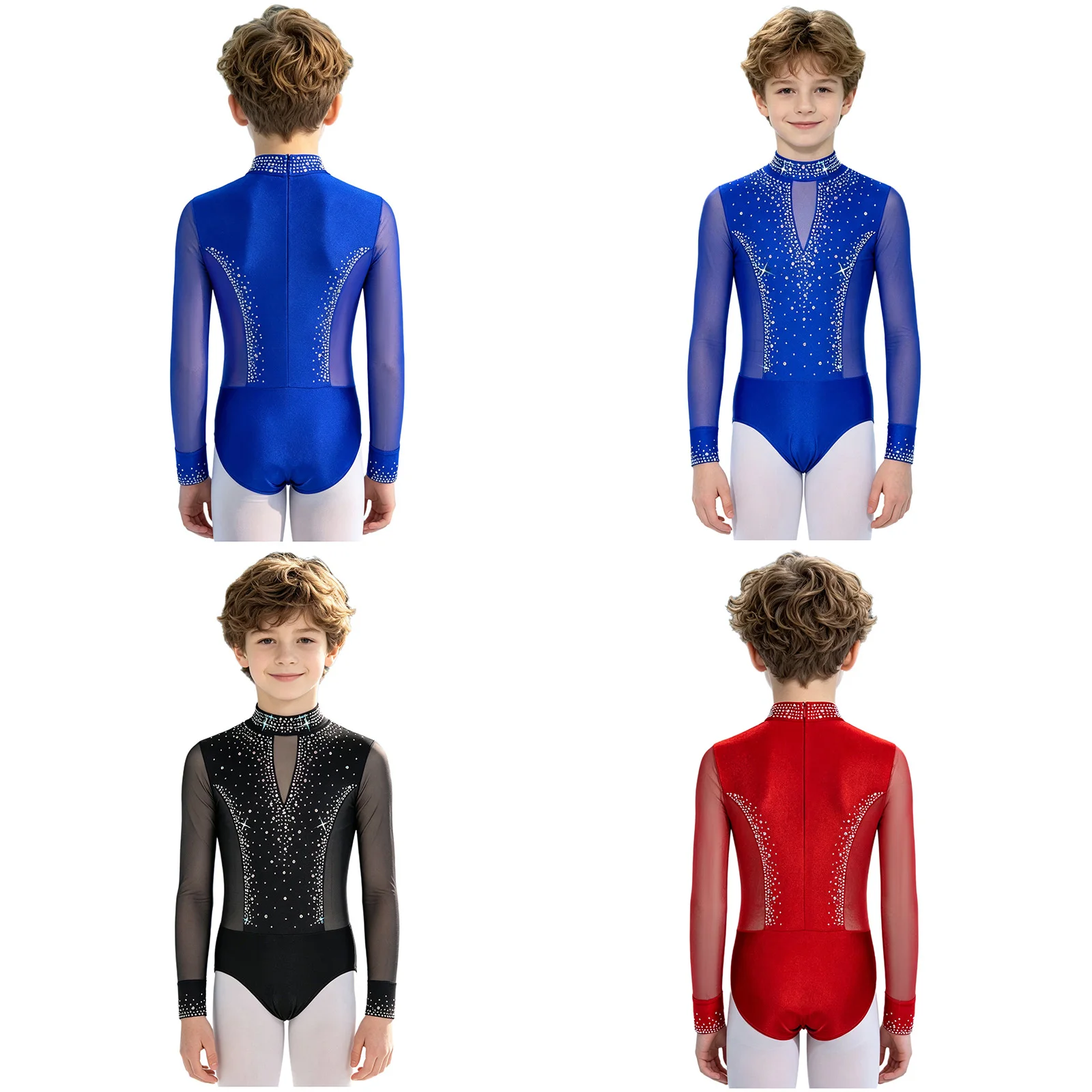 Kinder Jungen Strass-Bodysuit Jumpsuit Langarm Mesh-Bodysuit Gymnastik Ballett Trikot Eiskunstlauf Auftritts-Kostüm – Detail 2