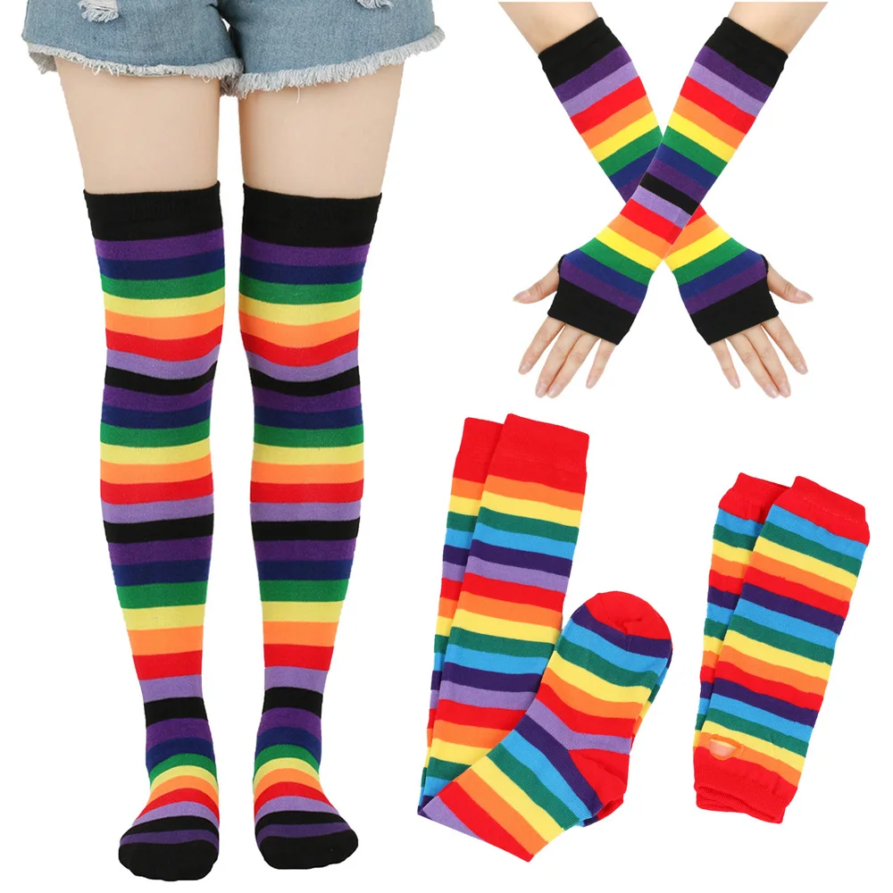 

Autumn Winter Rainbow Stockings Striped Socks Gloves Over Knee Socks Arm Sleeve School JK Uniform Women Halloween Christmas Gift