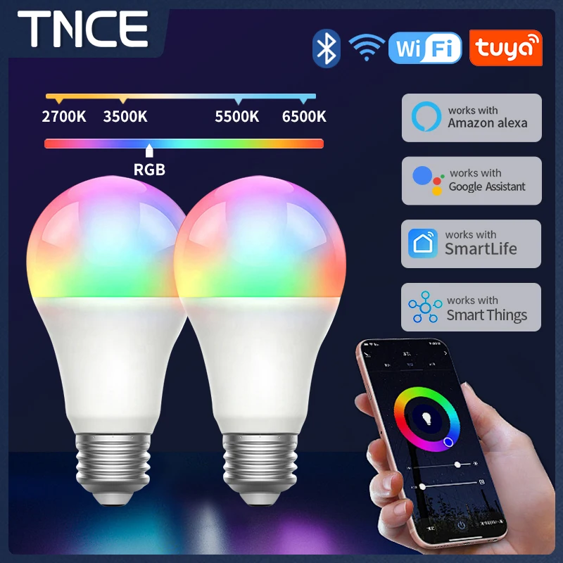 TNCE Tuya WiFi/Zigbee/Bluetooth E27 Smart LED Light Bulbs RGB+CW+WW Dimmable Lamp Works With Alexa Google Home Smart Life