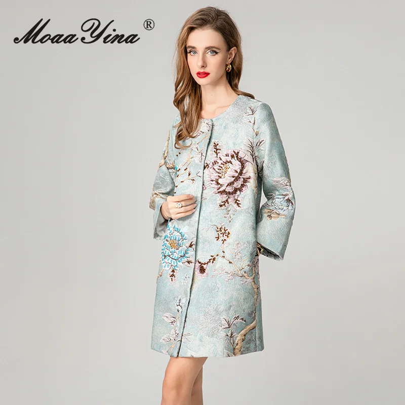 معطف MoaaYina لخريف وشتاء 2025 للسيدات جديد عصري برقبة دائرية وأكمام طويلة من قماش الجاكار وخرز للأظافر سترة واقية من الرياح #5