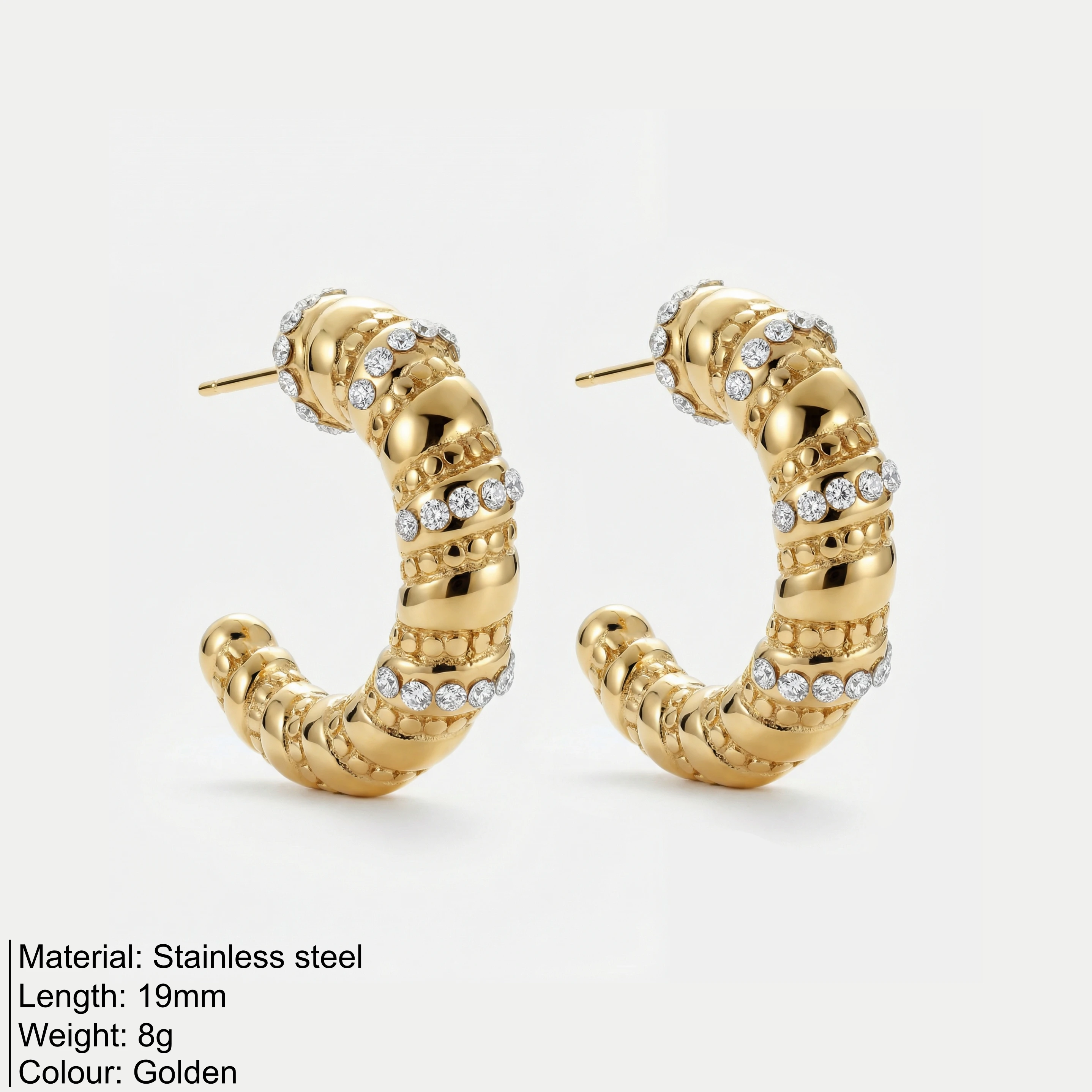 Stainless Steel Pave Artificial Crystal C-Shaped Hoop Earrings, Chunky Textured Huggie Earrings for Women Fashion Jewelry