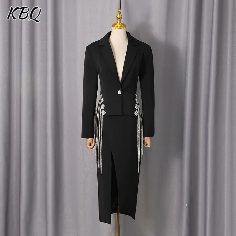 

KBQ однотонный темпераментный комплект из двух предметов для женщин с лацканами и длинными рукавами, куртка с кисточками и высокой талией, сексуальные комплекты с юбкой для женщин