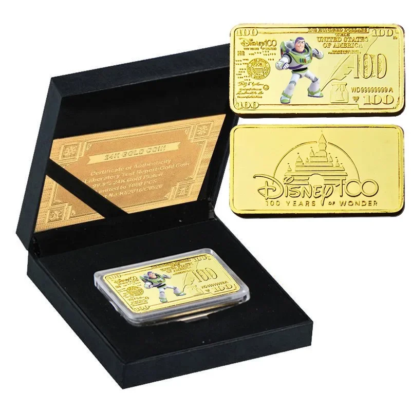 Anime Disney Cartoon Toy Story Buzz Lightyear Woody Moneta placcata in oro $ 100 Gold Bar Metal Card Badge Collezione Regali