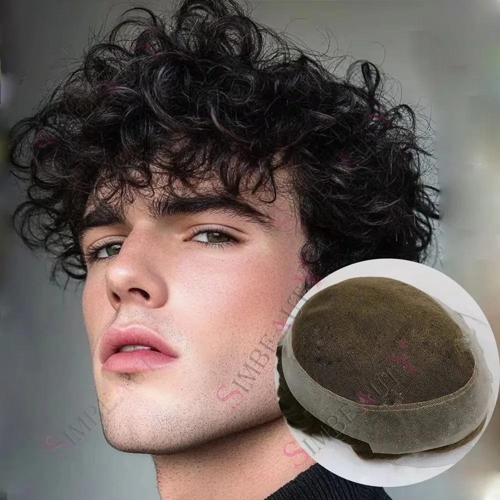 24mm Curly Men's Wigs Toupee Breathable Australia Lace &Thin Skin PU Brown Black Human Hair Replacement System Male Hair Pieces