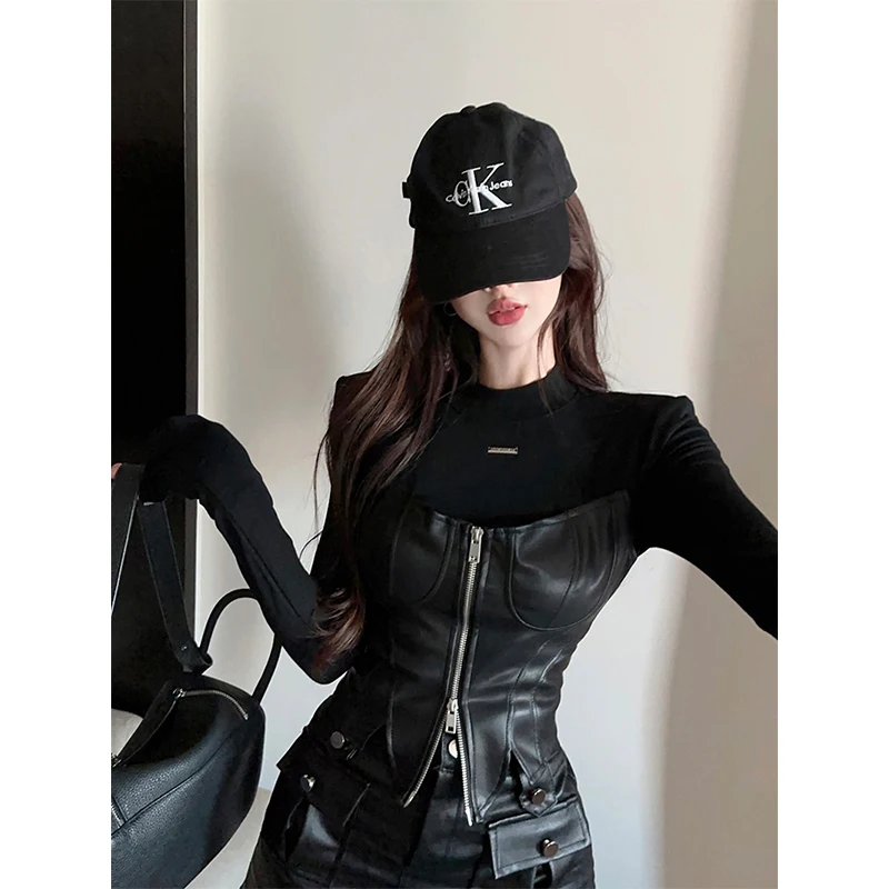 Y2K Pu Leather T Shirts Women Fake Two Pieces Patchwork Crop Tops Streetwear Sexy Club Black Long Sleeve Zipper Bodycon Tees New