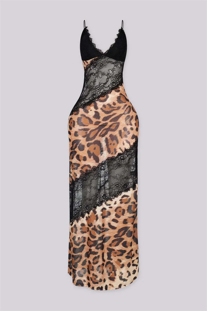 Doyerl Zebra Leopard Party Langes Kleid Damen Sexy Spaghetti-Träger V-Ausschnitt Transparente Spitze Patchwork Nachtclub-Kleidung Maxikleid Geburtstag – Detail 7