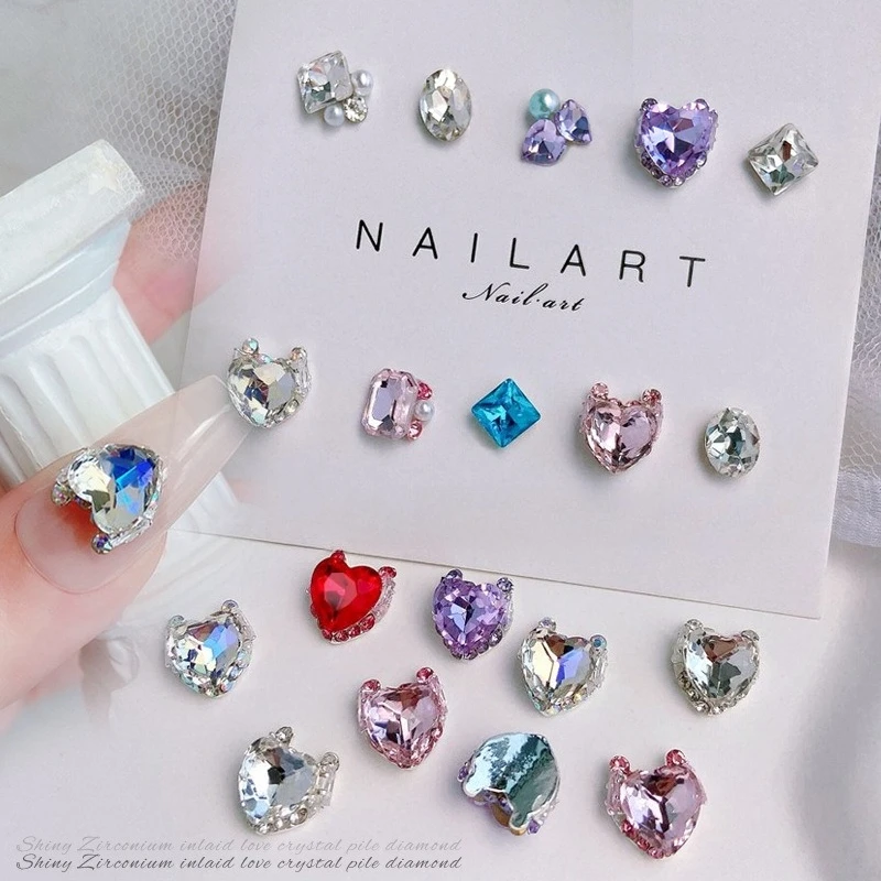 1Pc New Crystal Heart Zircon Alloy Charms, shiny multi-facet colorful gems handmade stacked rhinestones for DIY manicure decor