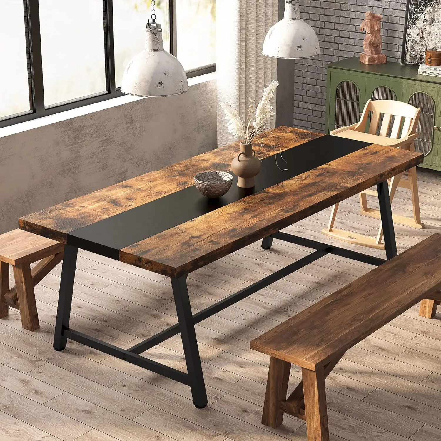 Table à manger pour 8 personnes, table de cuisine rectangulaire en bois de 70.87 pouces avec cadre métallique pour la baignade, grande salle à manger industrielle et longue