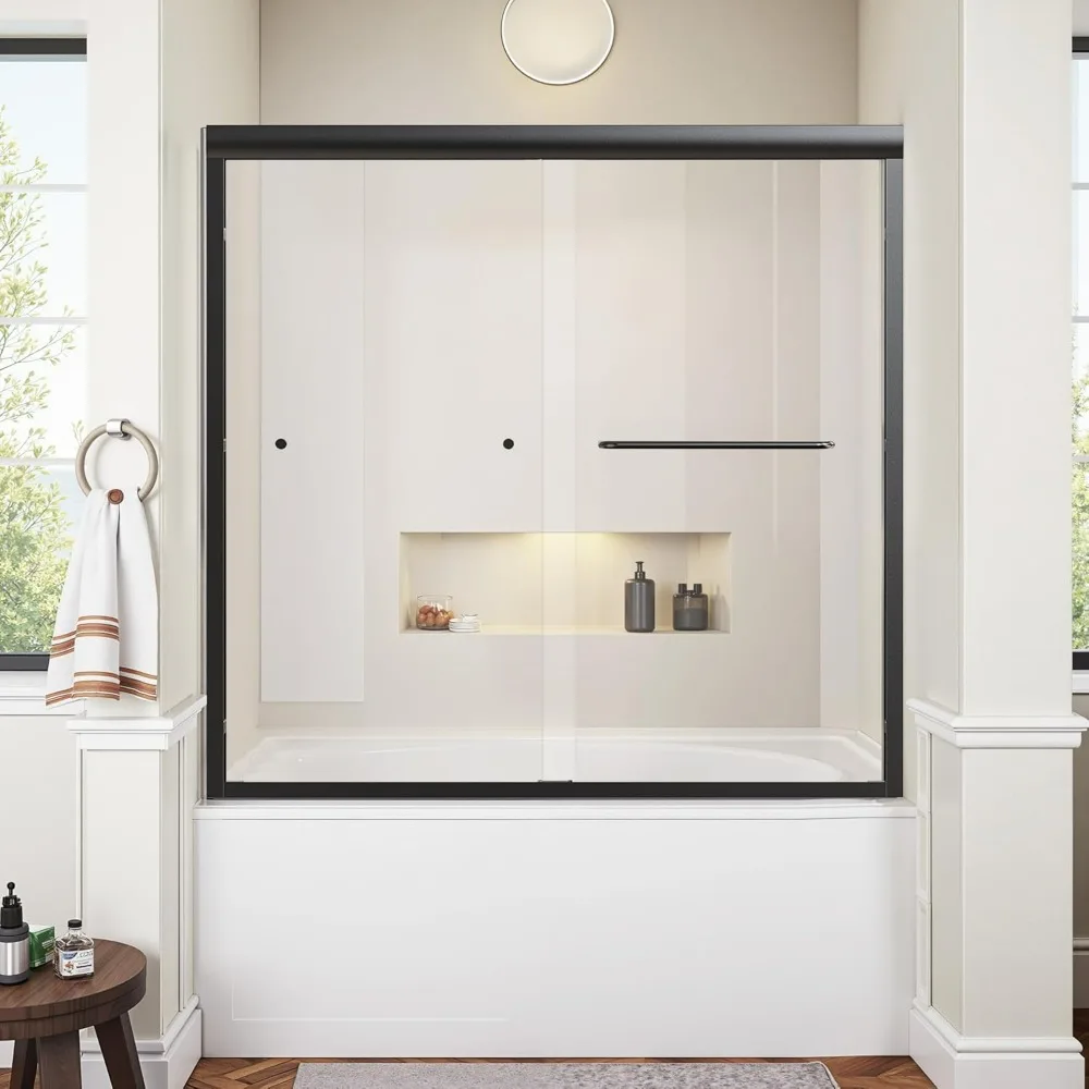 أبواب دش منزلقة مزدوجة بعرض 56-60 بوصة × ارتفاع 58 بوصة مع زجاج مقسى 6 مم وإطار من الفولاذ المقاوم للصدأ #2