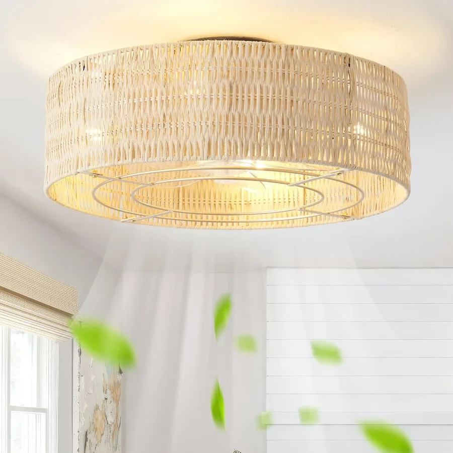 مراوح سقف منخفضة المستوى مع أضواء 20 مروحة سقف بوهو راتان مع حامل خفيف وأسطوانة تحكم عن بعد محبوسة بـ 6 سرعات