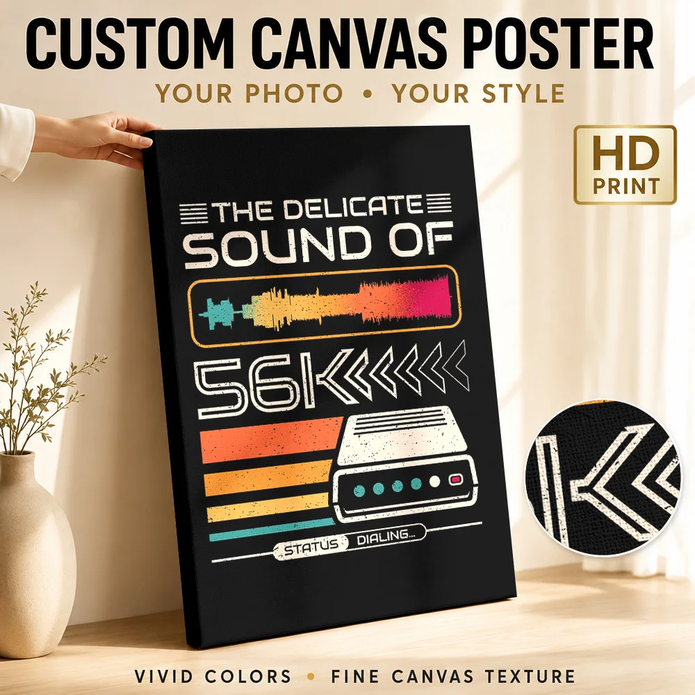 56K Modem Retro Technology Wood Framed Canvas Poster Customized Photo Graphic Color Blocks Wall Art For Study Programmer Gift