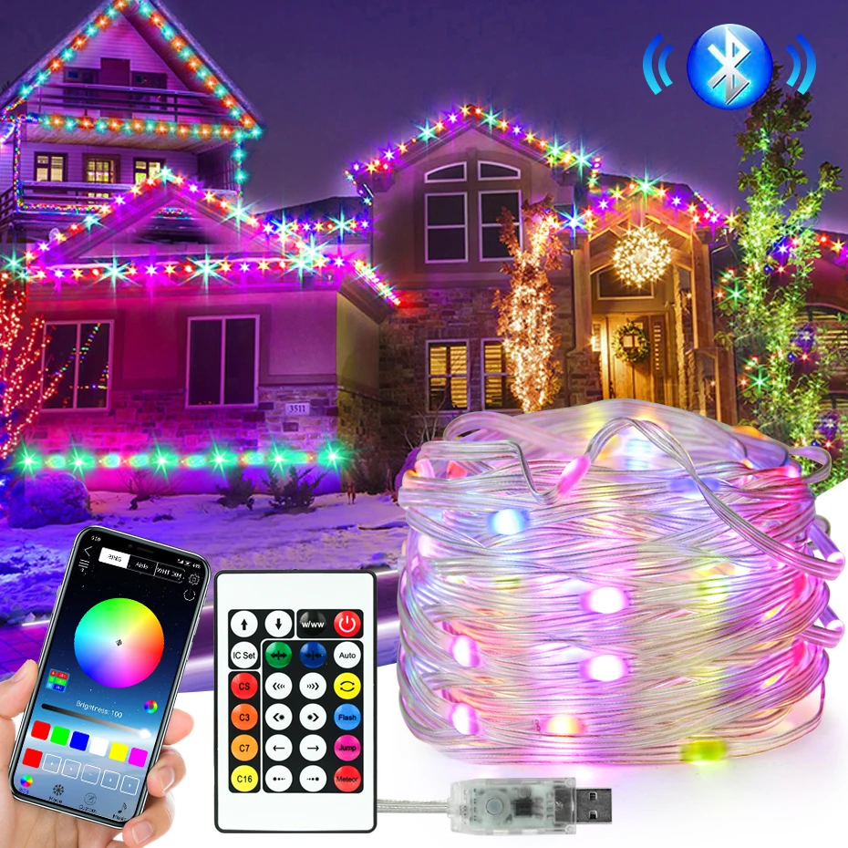 

10m 20m 30m Waterproof RGBIC WS2812B Led Strip 5V USB Fairy Light String Bluetooth Music Sync Dreamcolor Chasing Holiday Decor