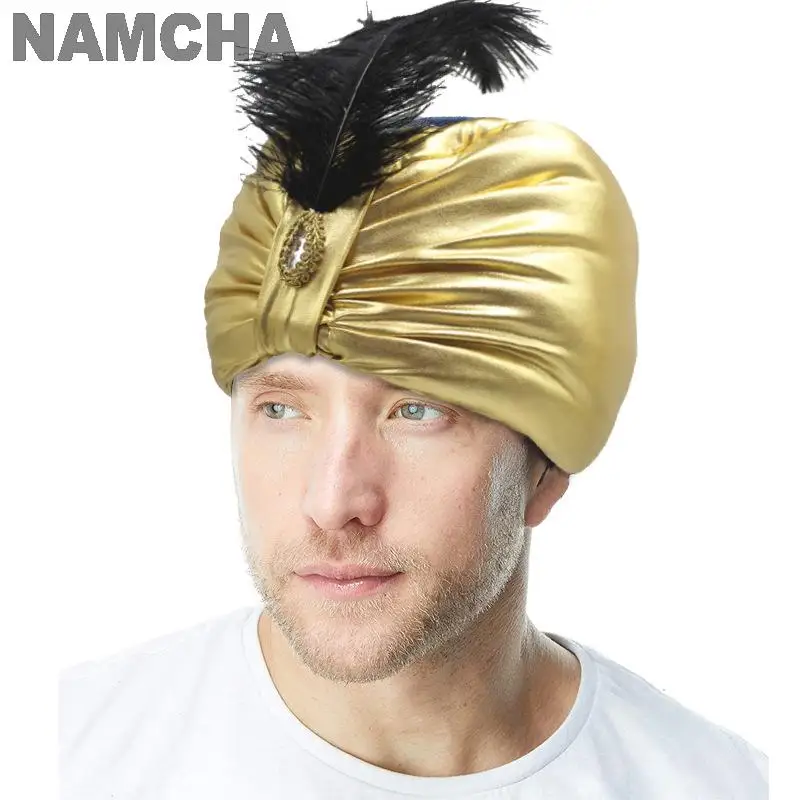 Cappello in oro brillante arabo indiano turbante Headwrap piuma etnica pieghettata uomini adulti vestiti del sultano copricapo cappelli Halloween