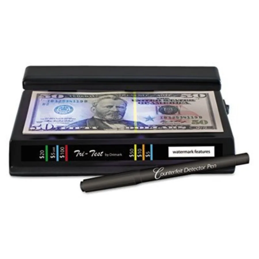 

Tri Test counterfeit bill detector for U.S., Canadian, Mexican, EU, UK, Chinese currencies; black plastic; compact 7 x 4 x 2.5-