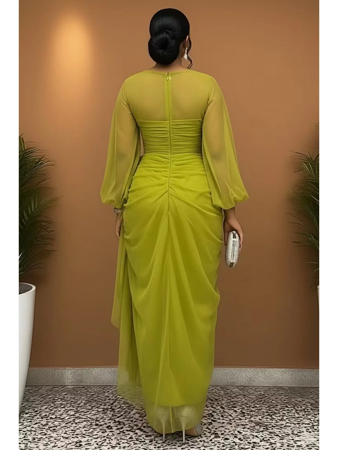 Plus Size Women Tulle Sheer Evening Dress Deep V Neck Puff Sleeve Ruched Waist Mesh Gown Formal Party Wedding Guest Maxi Dresses