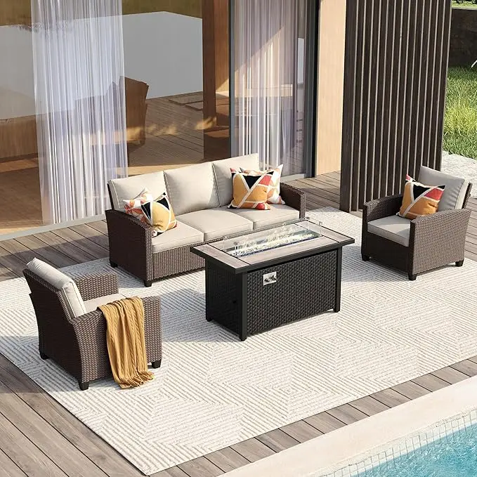 4 Stück Gartenmöbel Set, Terrasse Rattan Gesprächs sets mit Feuerstelle Tisch