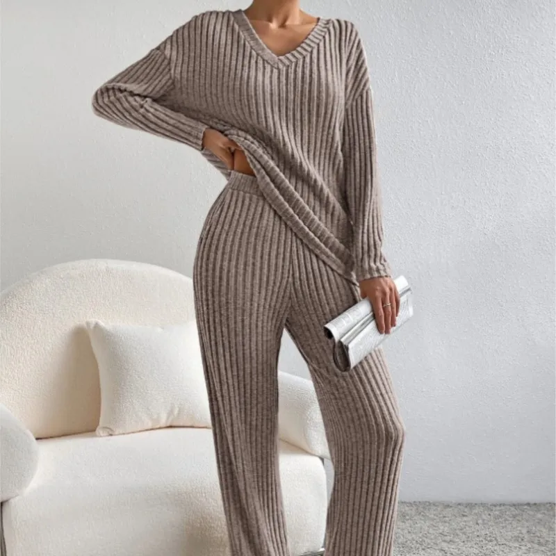 Women's Autumn and Winter Suit Fashion Casual Pit Strip Wool V-Neck Top and Straight Pants Solid Color Sweater Two-Piece Set