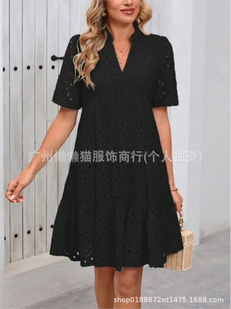 

Summer 2025 Women V-Neck Short Sleeve Hollow Out Dress Mini Dress Fashionable And Casual Regular Sleeve Length Waistline Dress