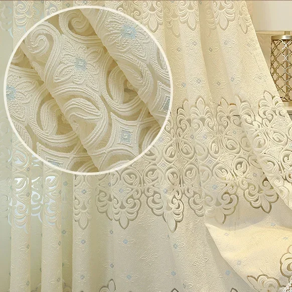 European Light Luxury Milky White Hollow Jacquard Curtain Villa Living Room Noble and Elegant Light Filtering Drape Customizable