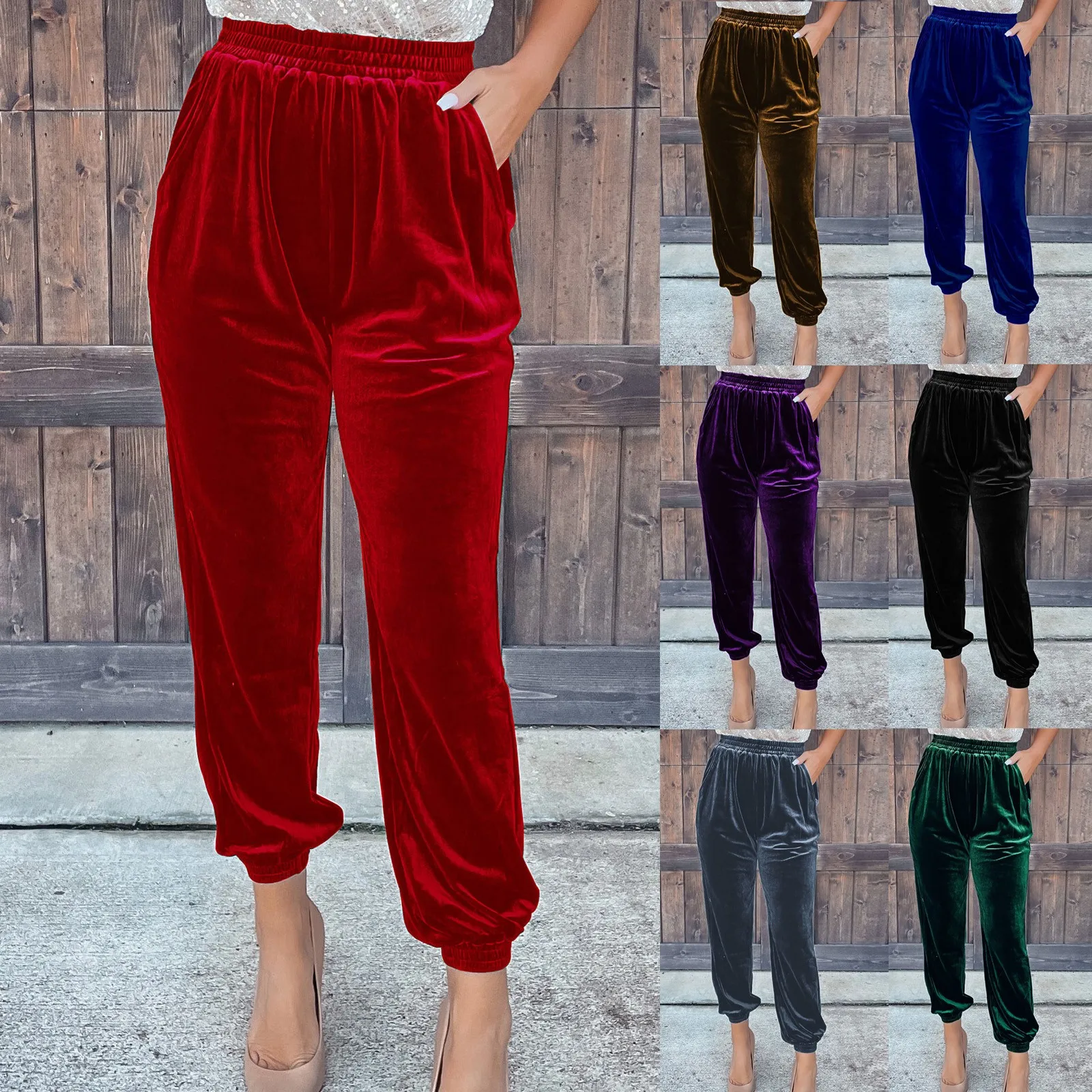 Women\'s Velvet Pants High Waist Loose Wide Leg Pants Casual Elastic Waist Velour Long Trousers with Pockets