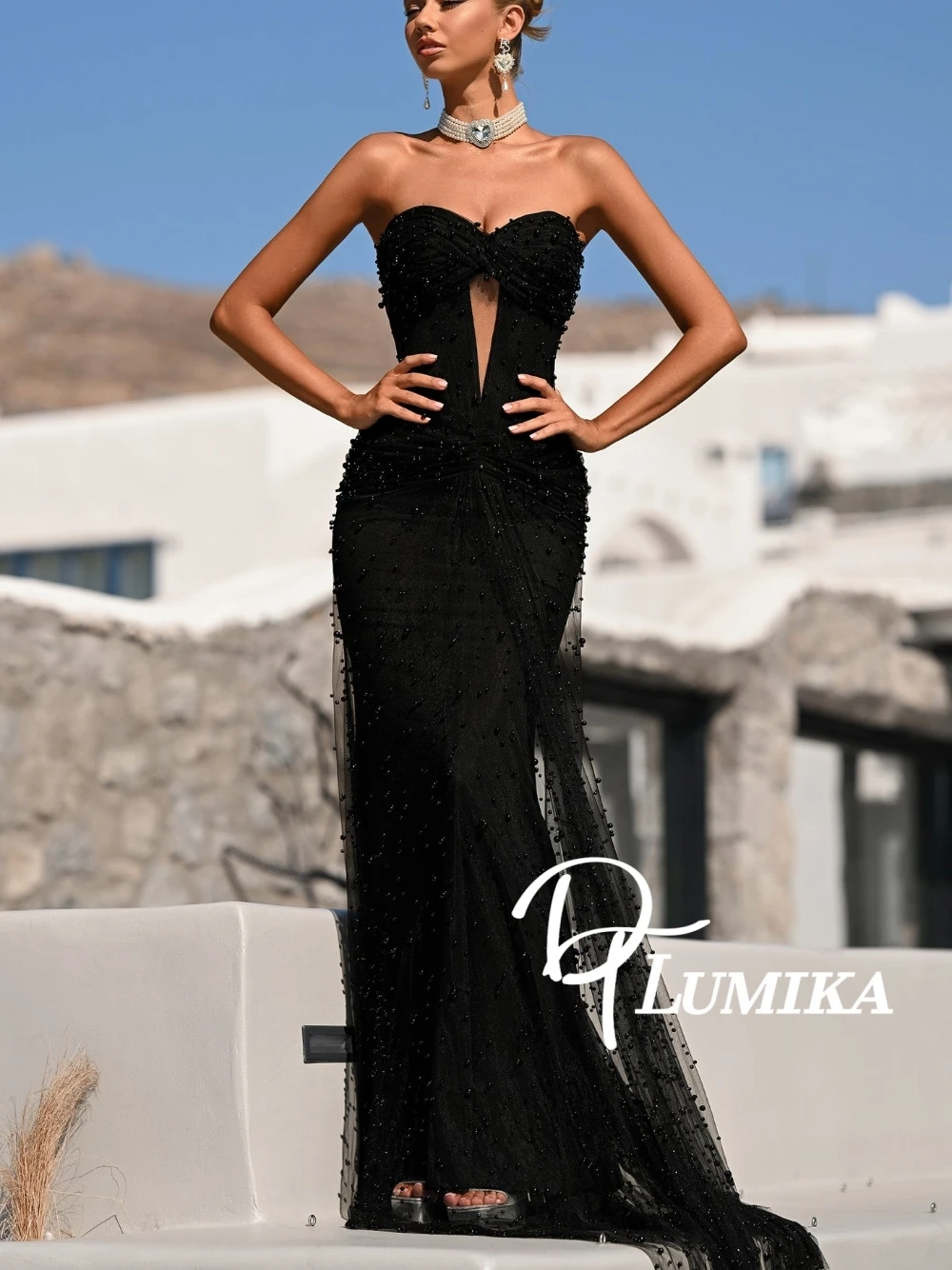 فستان أنيق للحفلات المسائية على شكل قلب من اللؤلؤ الأسود أنيق بدون أكمام مخصص فستان حفلات جالاس براقة #1