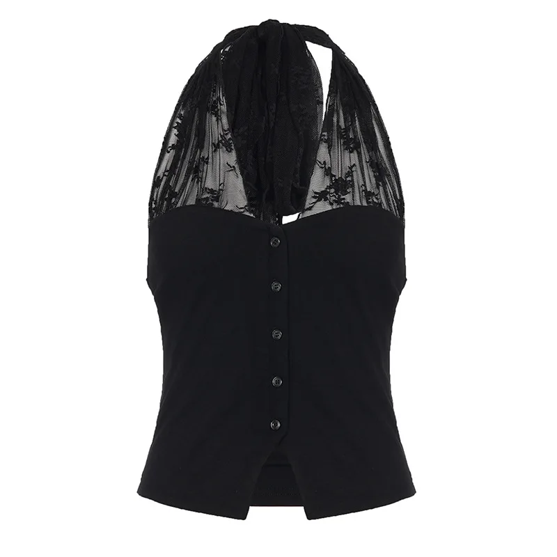 Sexy mesh splicing waist cinching buckle V-neck hanging neck sling women's fashionable slim fit backless top