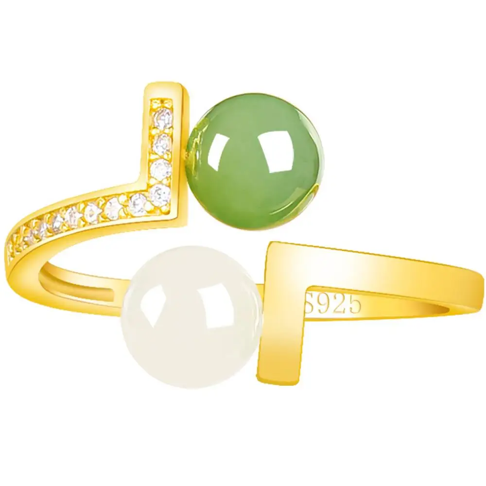 المواد الطبيعية القديمة Hetian اليشم حبة مستديرة خاتم ارتفع الذهب S925 الفضة مطعمة عالية الجودة المرأة مجوهرات الأزياء هدايا العيد