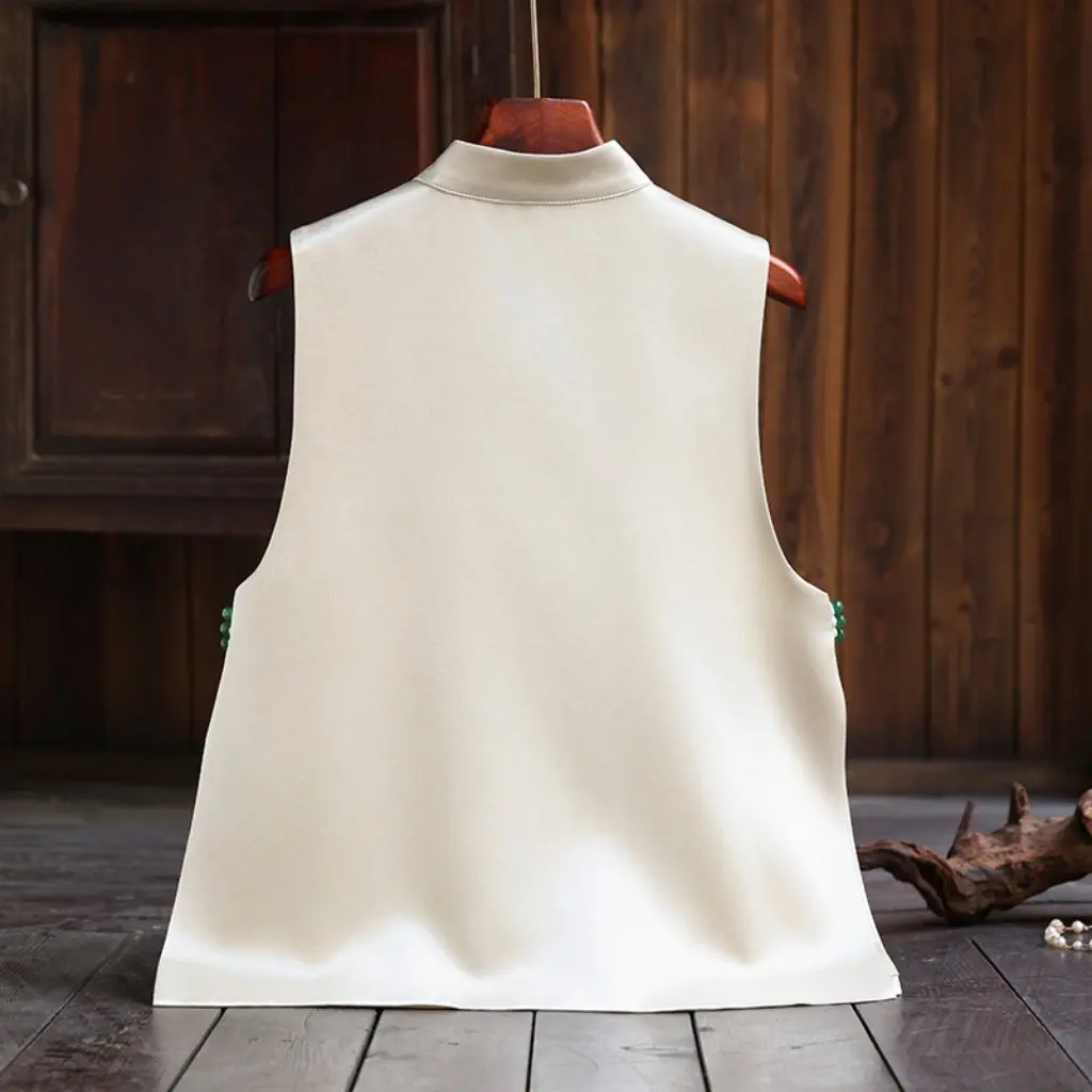 

Women's Slim Fit Embroidered Bead Button Vest Jacket New Chinese Style Versatile Top for Everyday Wear Spring
