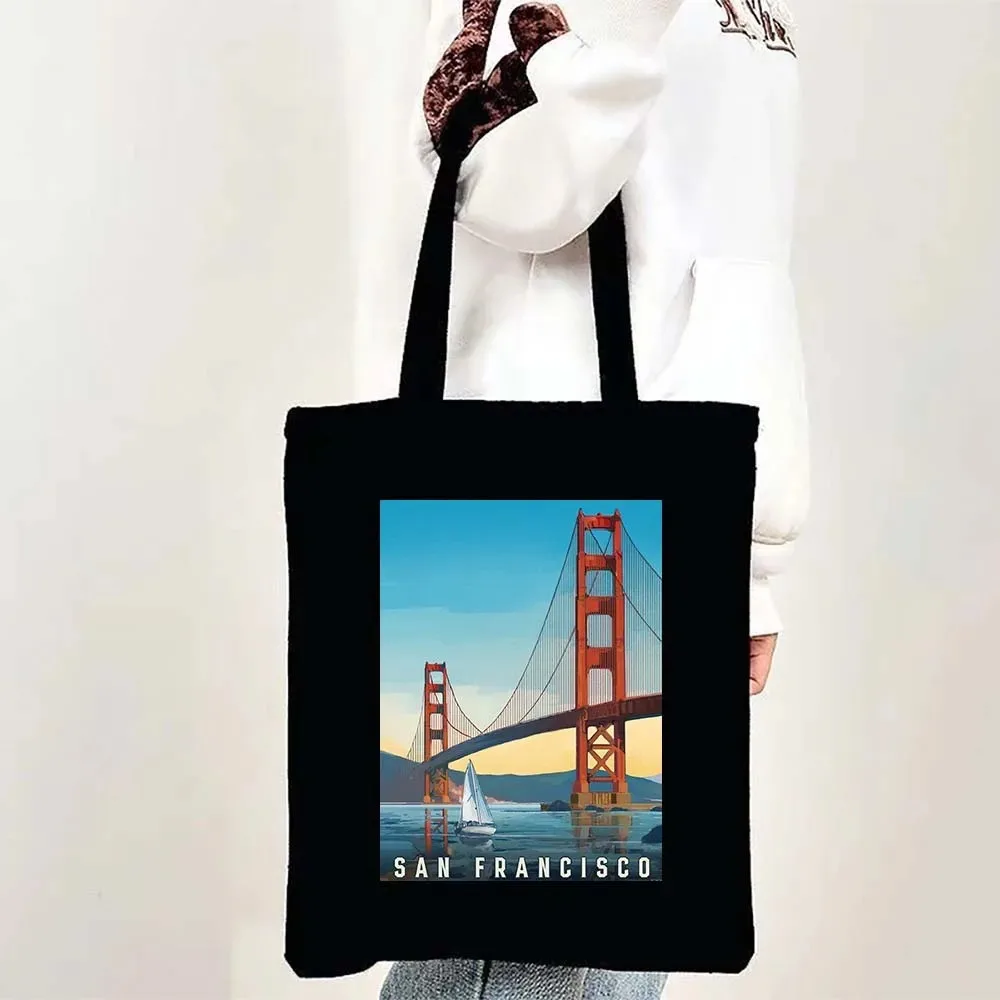 

2026 new Canvas Tote Bag San Francisco Golden Gate Bridge Print Reusable Shoulder Bag Casual Eco-friendly Tote for Travel Lovers