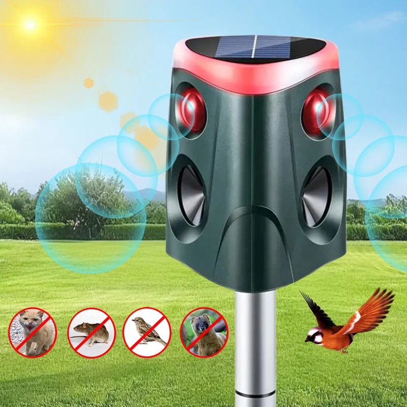 Solar Ultrasonic Animal Repellent with LED Flashing Multi Gear Adjustment Infrared Sensing Rodent Deterrer Outdoor Garden Use