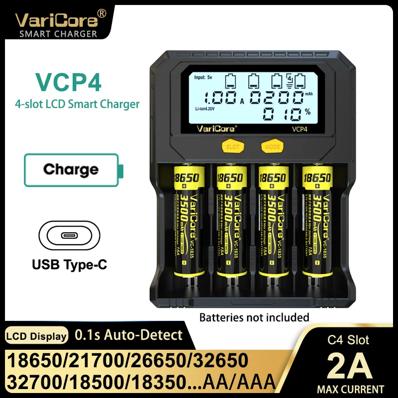 

VariCore VCP4 VCR4 3.7v Li-Ion 1.2v NiMH 3.2v LiFePO4 LCD 4-Slot Smart Charger Battery Capacity Tester Overshoot Protection