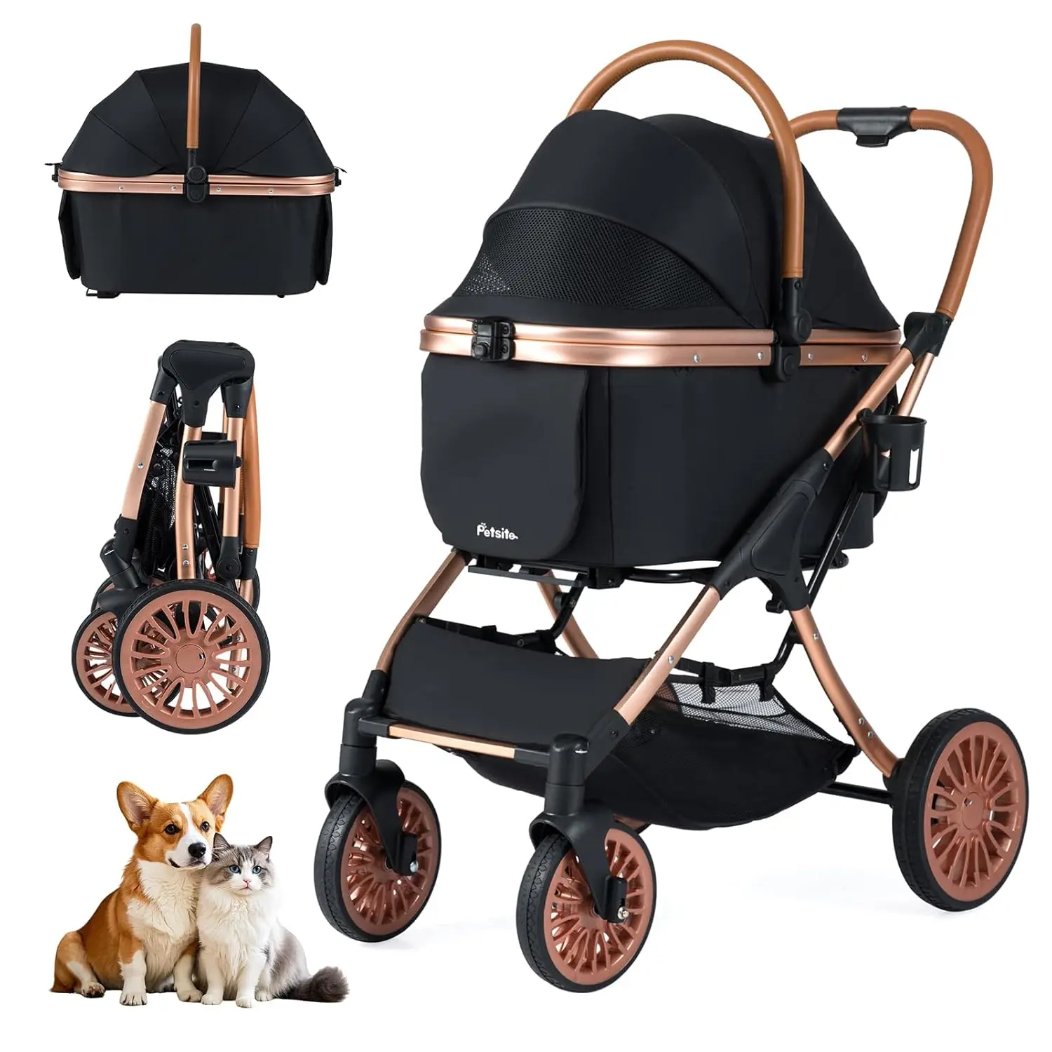 

PETSITE 3-in-1 Pet Stroller for Small & Medium Sized Dogs, Foldable 4 Wheels Dog Stroller with Removable Carrier, Sun Shade, Rem